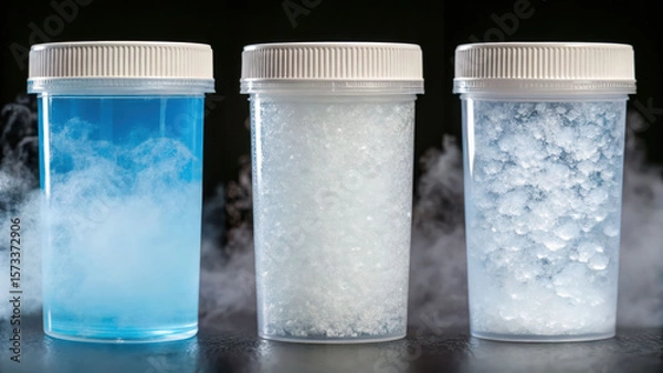 Fototapeta Dry ice sublimation in plastic containers shows solid carbon dioxide turning into gas with visible vapor and condensation liquid droplets