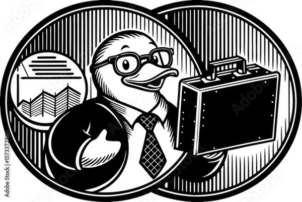 Obraz Business duck wearing glasses and tie holding a briefcase and pointing to a chart
