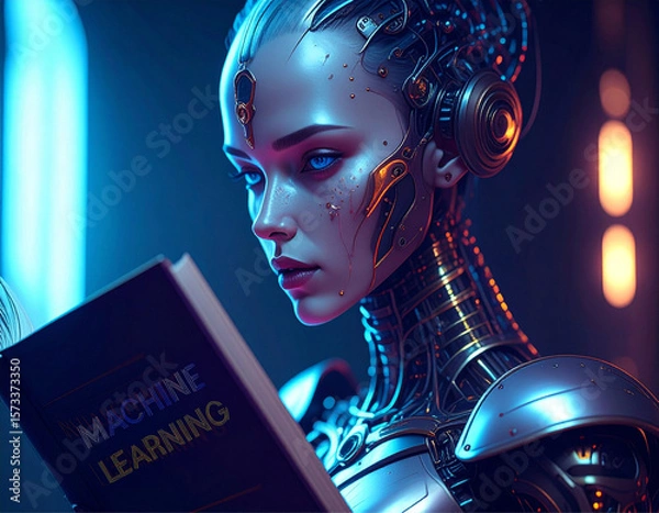 Fototapeta Close up em uma android de aço, lendo um livro, em ambiente futurista.