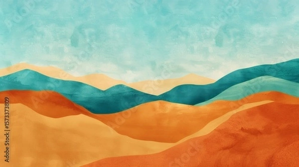 Fototapeta Abstract Watercolor Desert Landscape Background with Earth Tones and Teal Sky