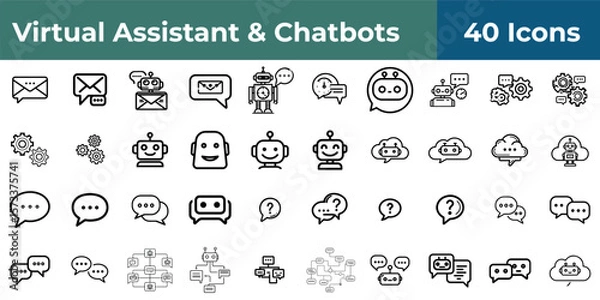 Fototapeta A collection of forty virtual assistant and chatbot icons in black and white line art style
