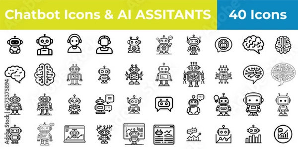 Fototapeta A collection of chatbot and ai assistant icons featuring robots and brain illustrations in black and white