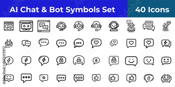 Fototapeta Ai chat and bot symbols set featuring icons of speech bubbles, robots, and various communication elements