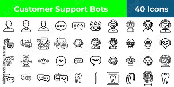 Fototapeta A collection of forty customer support bot icons in a grid pattern with various designs and styles