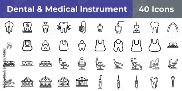 Fototapeta A collection of dental icons featuring teeth chairs and tools arranged in a grid pattern on white