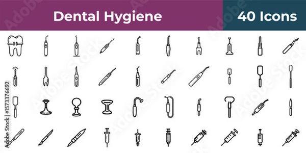 Fototapeta Line art illustration of dental and medical instruments arranged in a grid on a white background