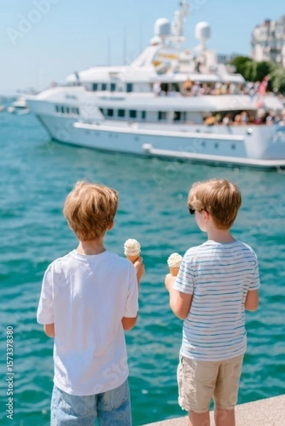 Fototapeta Two boys seen from behind holding ice cream while looking at a ship docked in the harbor, vertical frame, summer vibe, candid travel moment