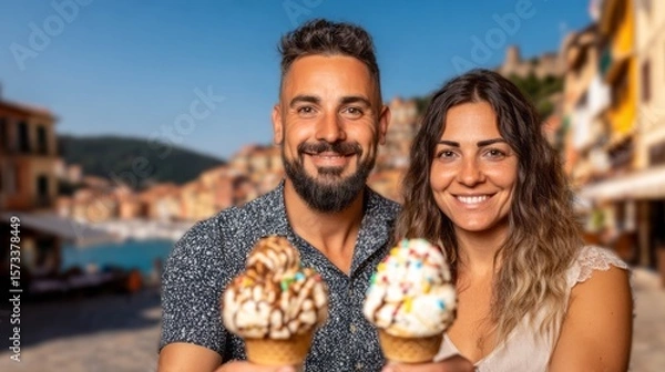 Fototapeta Happy vacation couple with ice cream cones enjoying a sunny summer day in a seaside city by the canal, bright and cheerful holiday mood