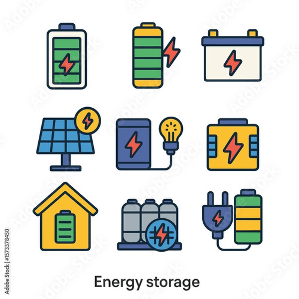 Fototapeta Flat vector icons of battery types and storage: solar, power bank, home, charging, supercapacitor