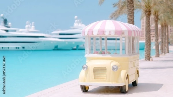 Fototapeta Pastel-colored ice cream van parked on a sunny pier, overlooking turquoise sea with luxury yachts moored in the distance, retro summer vibe
