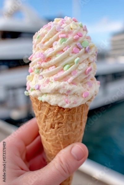 Fototapeta Vertical close-up of a hand holding soft-serve ice cream in a waffle cone with a luxury yacht in the background, summer lifestyle magazine vibe