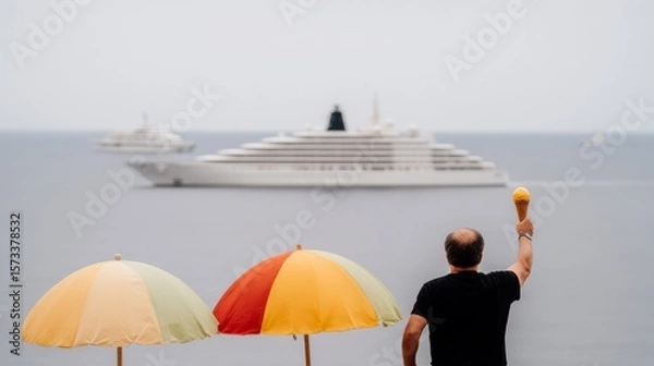 Fototapeta Ice cream vendor cheerfully waving a waffle cone toward vacationers relaxing on a yacht at sea, joyful summer moment with playful twist