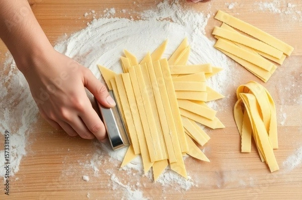 Fototapeta A table with pasta dough being cut into strips, hands using a ro