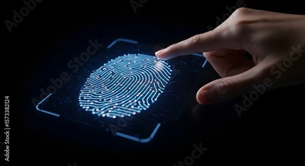 Fototapeta Hand scanning fingerprint on digital screen, biometric authentication, identity verification, security concept. Finger touching illuminated fingerprint with glowing lines, data protection.