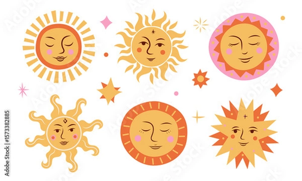 Obraz Summer Solstice bright set collection with sun . Vector illustration in folk style. Set of holiday background designs for postcards, posters, wall art