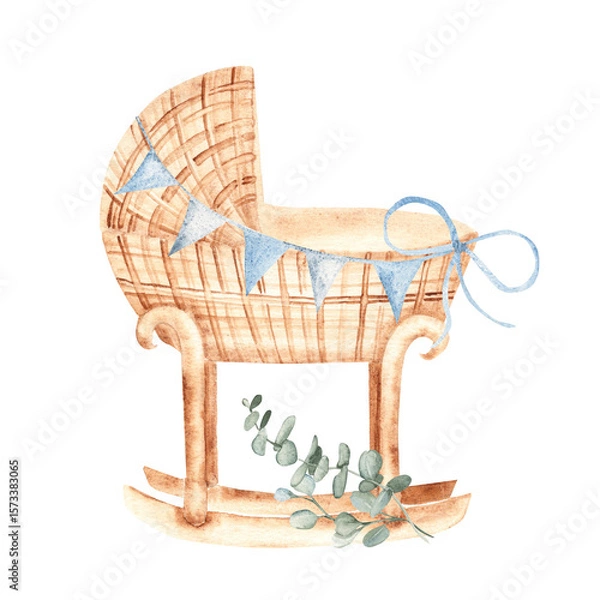 Fototapeta Baby Boy cradle from rattan with Bunting Party blue Flags and eucalyptus bouquet in Vintage style isolated on a white background. Hand drawn Watercolor Crib illustration in eco style. Children's