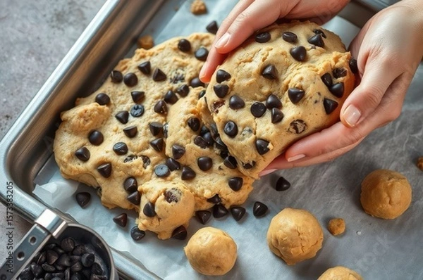 Fototapeta A cozy kitchen table with hands placing cookies on a tray, choco