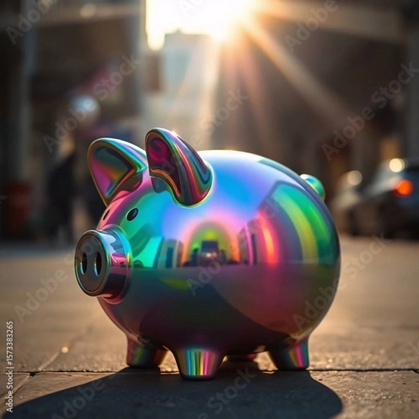 Obraz A candid street photograph of an iridescent piggy bank, showcasing volumetric lighting and vibrant iridescent reflections in an urban setting with visible light beams through dust or fog