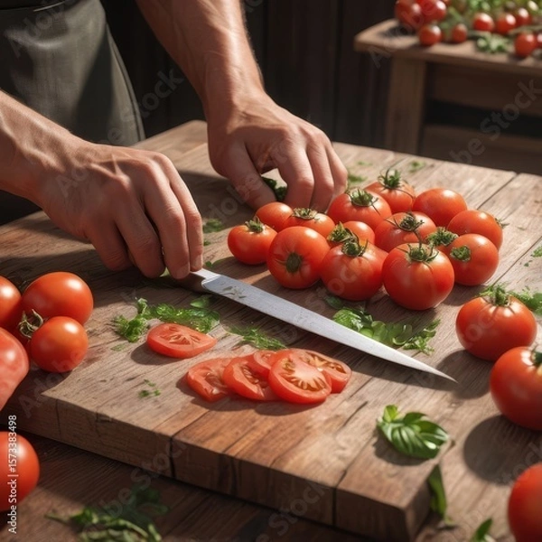 Fototapeta A rustic wooden table with fresh vegetables, herbs, and a cook’s hands slicing a tomato. Generative AI