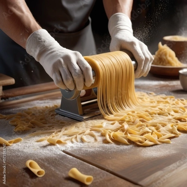 Fototapeta A table with pasta dough being cut into strips, hands using a roller and flour sprinkled. Generative AI