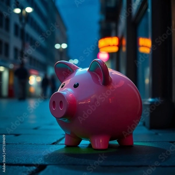 Obraz A candid street photography shot of a piggy bank glowing with bioluminescent colors in an urban setting, capturing spontaneous moments and natural light effects