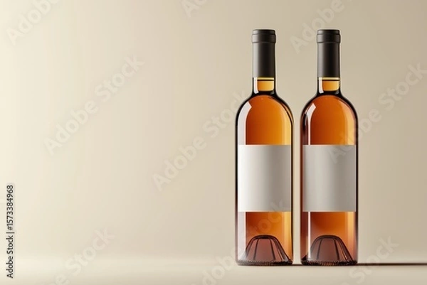Fototapeta Elegant display of two wine bottles with blank labels against a warm background for tasting events or design inspiration