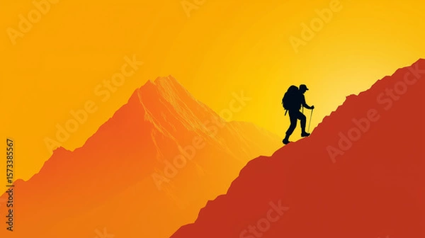 Obraz Minimalistic flat vector illustration of hiker silhouette climbing a mountain at sunrise