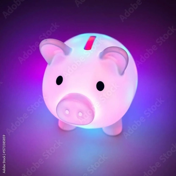 Obraz A high-angle perspective of a glowing piggy bank, exhibiting bioluminescent colors, viewed from above, featuring natural light effects and a vibrant glow