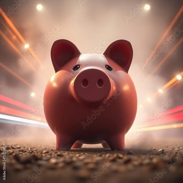 Obraz A long exposure photograph of a piggy bank, in a grand, epic scene with soft cinematic haze, lens glow lighting, motion trails, and heroic elements, using a massive scale and soft focus.