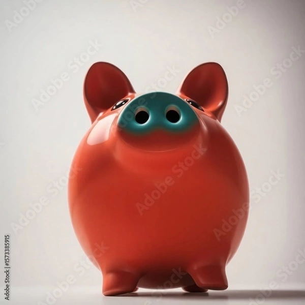 Obraz A low-angle perspective of a piggy bank, showcasing a dramatic contrast between warm terracotta and cool teal tones, viewed from below
