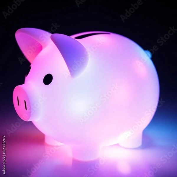 Obraz A piggy bank bathed in glowing bioluminescent colors, featuring a soft dreamy atmosphere, hazy soft light, and natural light effects, emitting a vibrant glow