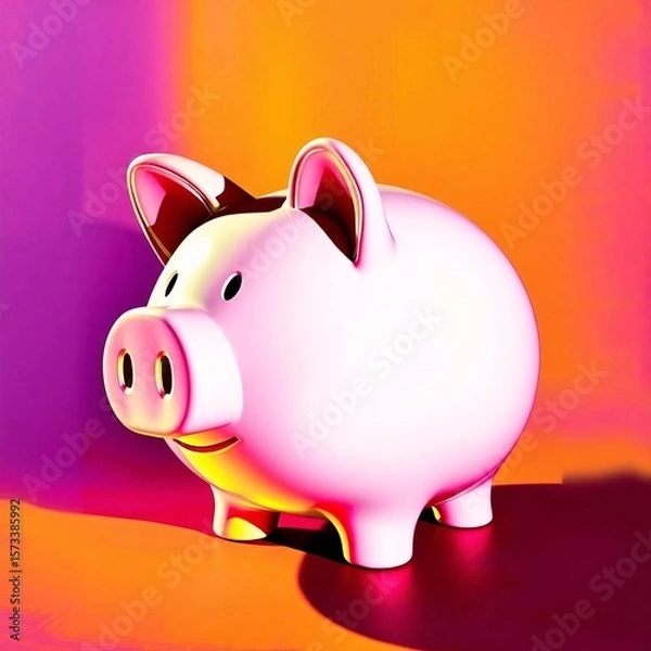Obraz A piggy bank depicted with bright, vibrant colors, strong hard light, and direct harsh shadows, creating a lively and energetic scene
