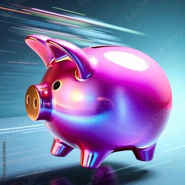 Obraz A piggy bank in dynamic motion with iridescent colors, blurred lines, and action poses, showcasing iridescent reflections