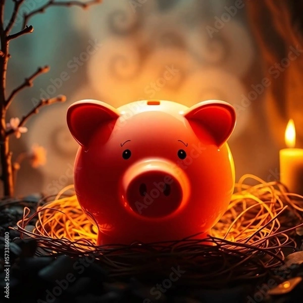 Obraz A piggy bank radiating a warm golden glow, nestled in a mystic, enchanting environment with gentle color contrasts, creating a dreamlike, ethereal, radiant, and luxurious atmosphere