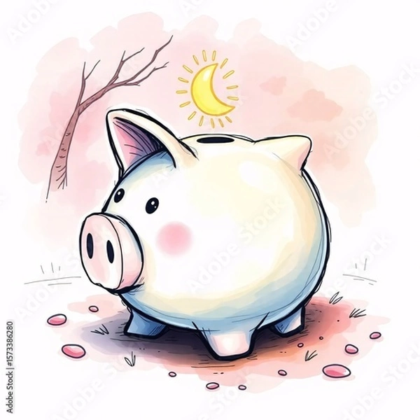 Obraz Color sketchnote style hand-drawn piggy bank, mystic enchanting environment, gentle color contrasts, dreamlike ethereal quality