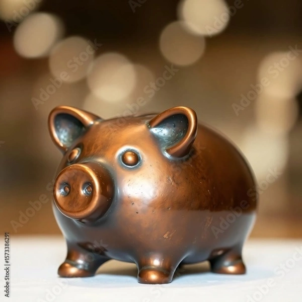 Obraz Cast bronze piggy bank, blurred bokeh background, sharp focus, antique patina finish, soft background, metallic sheen, detailed texture