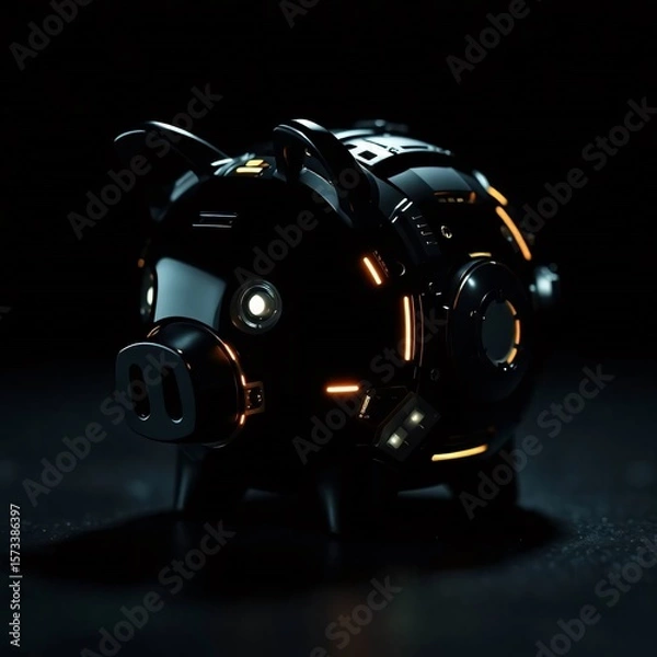 Obraz  Intensely black, extreme macro close-up of a futuristic sci-fi piggy bank, highlighting advanced technology, space elements, and deep shadows