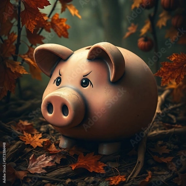 Obraz Piggy bank depicted in warm autumnal colors, eerie atmosphere, dark tones, unsettling details, earthy and cozy textures