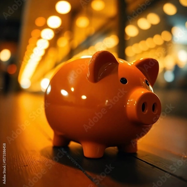 Obraz  Long exposure photography of a piggy bank, warm golden glow, radiant luxurious effect, motion or light trails