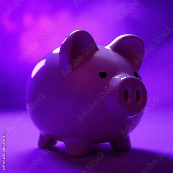 Obraz Piggy bank rendered in deep ultraviolet hues, soft dreamy atmosphere, hazy soft light, vivid purples, and high contrast
