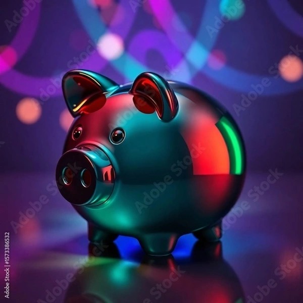 Obraz Rich deep teal piggy bank, creative light art, luxurious vibrant colors, abstract light patterns, artistic lighting, glossy finish