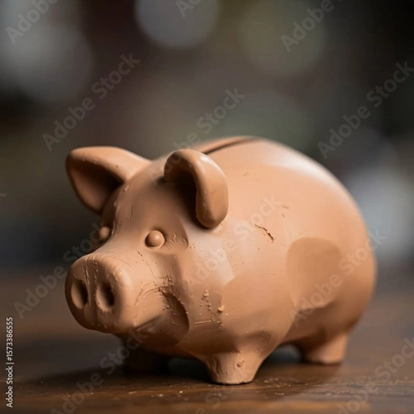 Obraz Sculptural clay piggy bank, blurred bokeh background, modeled shapes, textured surface, sharp focus on subject, soft light, earthy tones