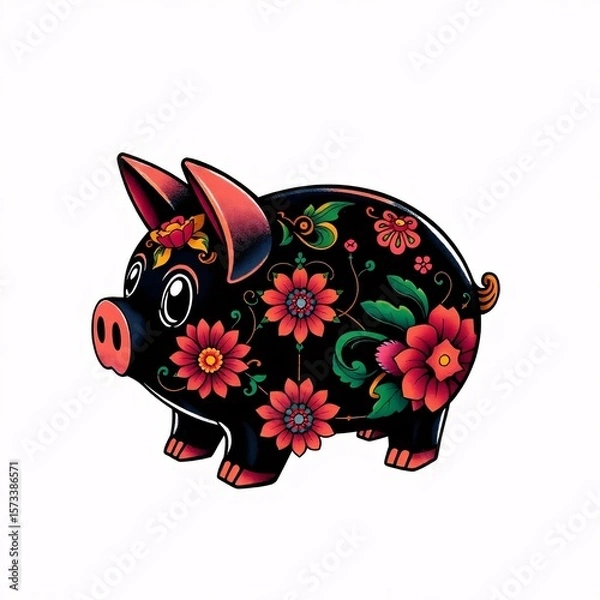 Obraz Symbolic traditional tattoo art print of a piggy bank, intense jet black, vibrant colors, retro flair, complex ornaments, white background, deep shadows