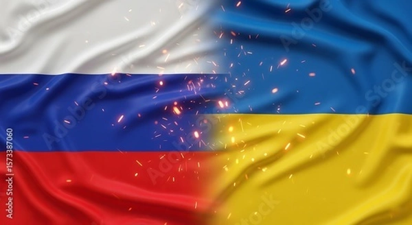 Fototapeta Russia and Ukraine flags stretched and waving with vertical split, soft glowing fire sparks floating between them and gentle fabric motion