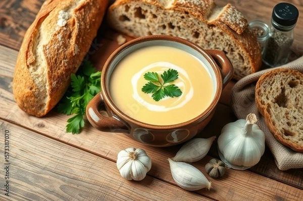 Fototapeta Hands garnishing a soup bowl with cream swirl and parsley, table