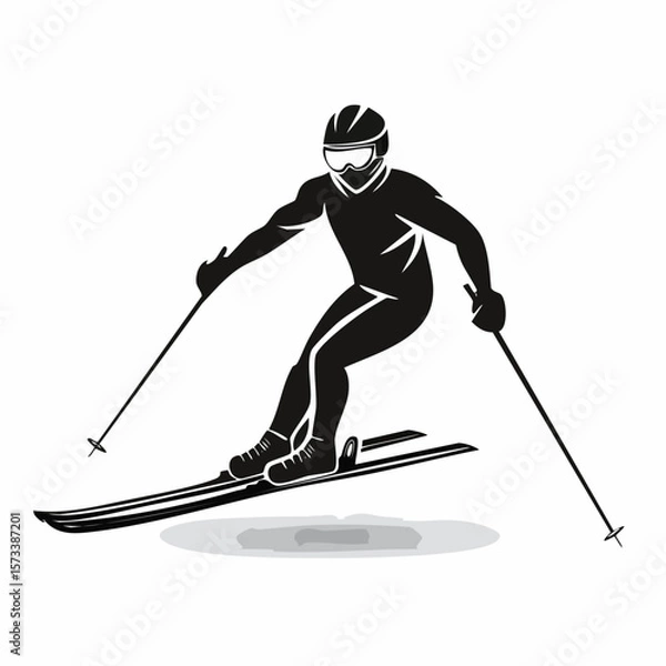 Fototapeta One skier racing downhill black silhouette vector with white background