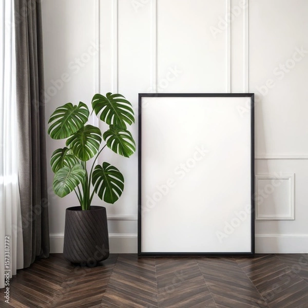 Fototapeta Illustration of a black frame mockup stands against a white wall, next to a monstera plant in a dark pot