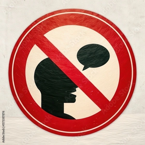 Fototapeta Illustration of a red circle sign prohibits speaking, featuring a crossedout speech bubble and head