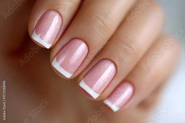 Obraz Beautifully manicured nails feature a classic French design with a delicate pink color and crisp white tips, perfect for any occasion