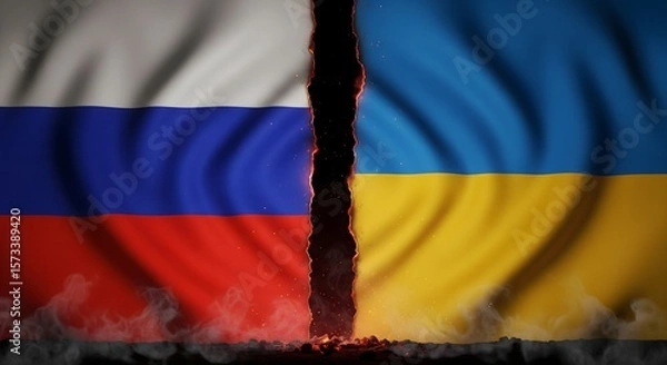 Fototapeta Russia and Ukraine full waving flags separated by a thin burned black edge with smoke and faint glowing red beneath symbolizing scorched division